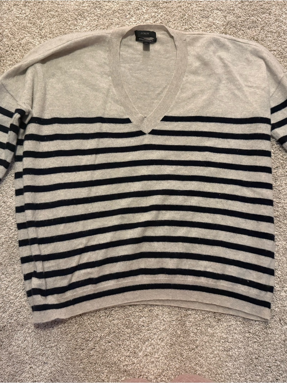 J. Crew Light Beige and Navy striped Cashmere Sweater